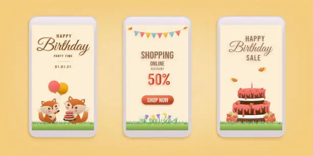 Vector illustration of Online shop banners discount  jungle animals Birthday Theme.