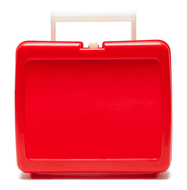 Lunch Box Front View Red Lunch Box Cut Out On White. handle photos stock pictures, royalty-free photos & images