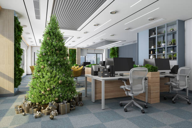istock Christmas Tree With Ornaments And Gift Boxes In Eco Friendly Open Plan Office 1334949904