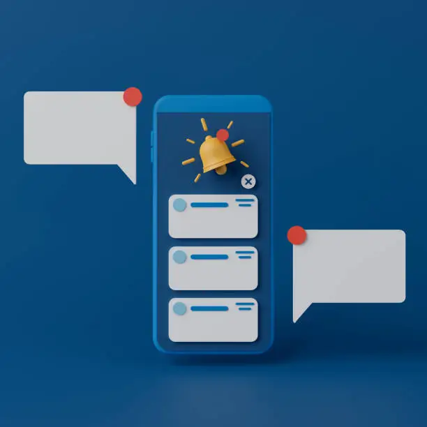 3d rendering notification center interface on smartphone with blank speech bubbles and bell icon.