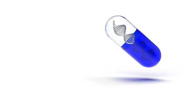 istock Blue pharmaceutical capsule with DNA on white background 1334956418