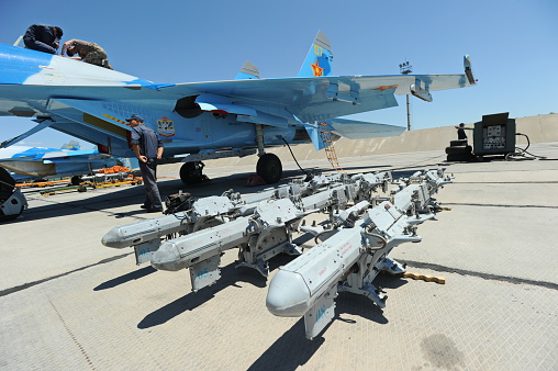 Almaty region / Kazakhstan - 06.22.2011 : Military aviation of Kazakhstan. SU-27 fighter planes at the site for technical inspection.