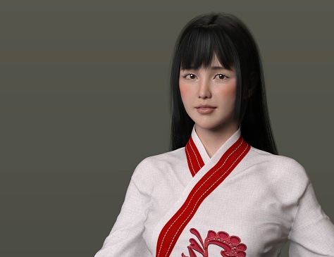 Asian lady in kimono. Person is not real. She is a 3D render thus no model release is needed.