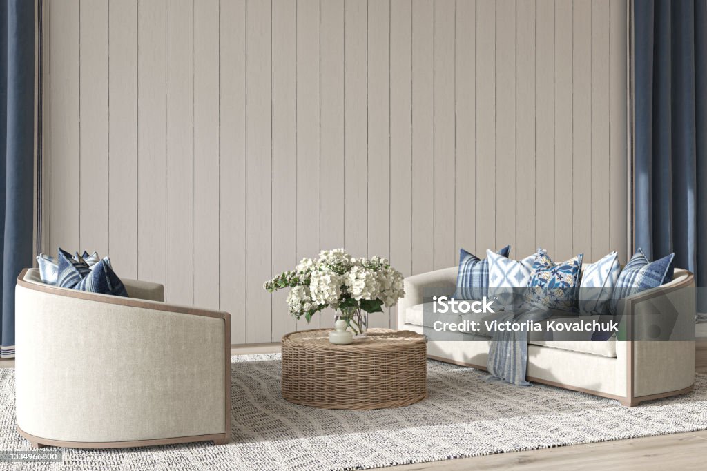 Coastal design living room. Mock up white wall in cozy home interior background. Hampton style 3d render illustration. The Hamptons Stock Photo