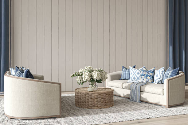 Coastal design living room. Mock up white wall in cozy home interior background. Hampton style 3d render illustration. Coastal design living room. Mock up white wall in cozy home interior background. Hampton style 3d render illustration. the hamptons stock pictures, royalty-free photos & images