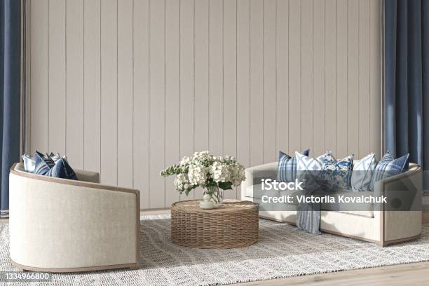 Coastal Design Living Room Mock Up White Wall In Cozy Home Interior Background Hampton Style 3d Render Illustration Stock Photo - Download Image Now
