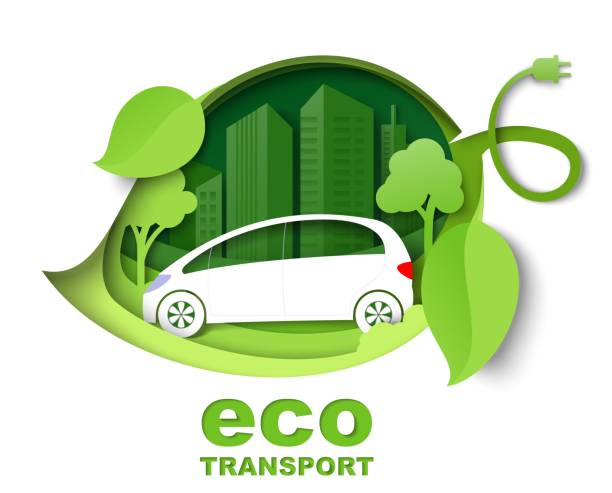 Green leaf with electric car, city building silhouettes, vector paper cut illustration. City eco transport concept. Green leaf with electric car, city building silhouettes, vector illustration in paper art style. Eco friendly city, eco transport concept. alternative fuel vehicle stock illustrations