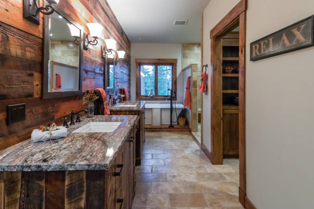 istock New bathroom with rustic wood walls 1334968919