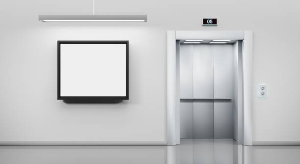 istock Metal elevator with open door and ad empty billboard or hang LCD screen on wall in office or hotel hallway. Realistic illustration lobby interior with silver lift and mockup white display, 3d render 1334972373