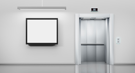 Metal elevator with open door and ad empty billboard or hang LCD screen on wall in office or hotel hallway. Realistic illustration lobby interior with silver lift and mockup white display, 3d render.