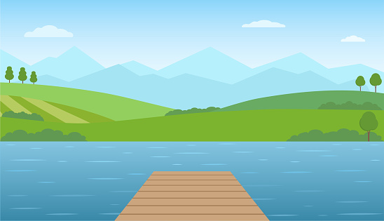 Empty wooden pier at lake. Panoramic summer landscape. Rural scenery with lake, green hills and mountains. Vector illustration.
