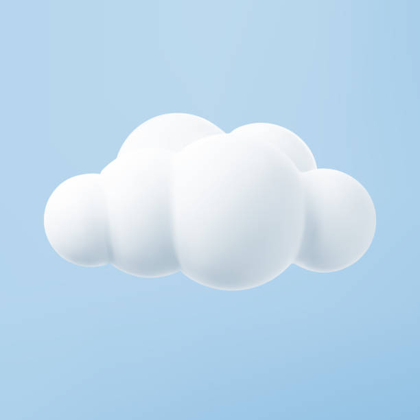 青い背景に隔離された白い3d雲。青空に柔らかい丸い漫画のふわふわした雲のアイコンをレンダリングします。3d幾何学形状ベクトルイラスト - cloud点のイラスト素材／クリップアート素材／マンガ素材／アイコン素材
