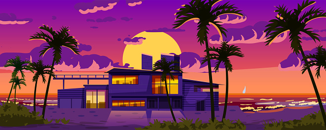 Tropical resort luxury Villa for rest, vacation. Modern architecture with exotic palms, sea, ocean, beach coastline. Seaview summer landscape. Vector illustration cartoon style isolated