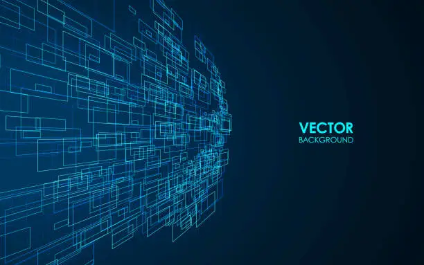 Vector illustration of Abstract blue perspective lines on dark background. Vector illustration.