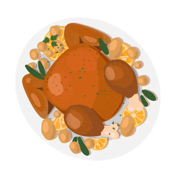 Vector illustration of Thanksgiving turkey baked. Traditional food. Thanksgiving turkey with fruits and vegetables on a plate.
Vector illustration on white background.