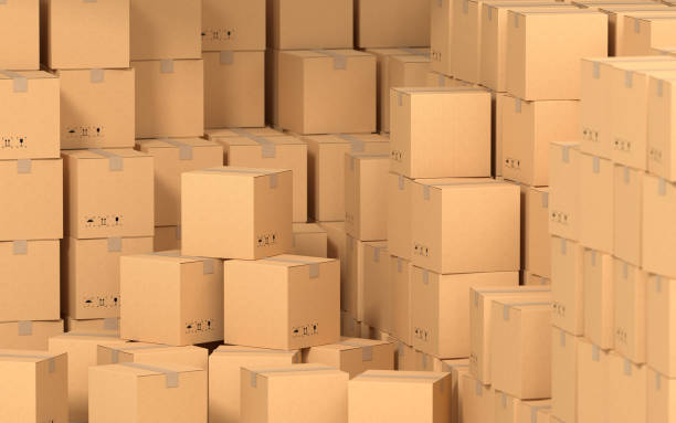 istock Cartons stacked together, factory warehouse, 3d rendering. 1334981207