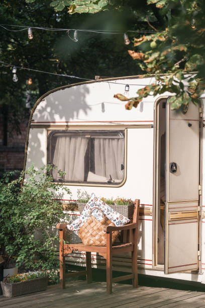 istock Camper van at nature, trailer exterior with nobody. 1334981560