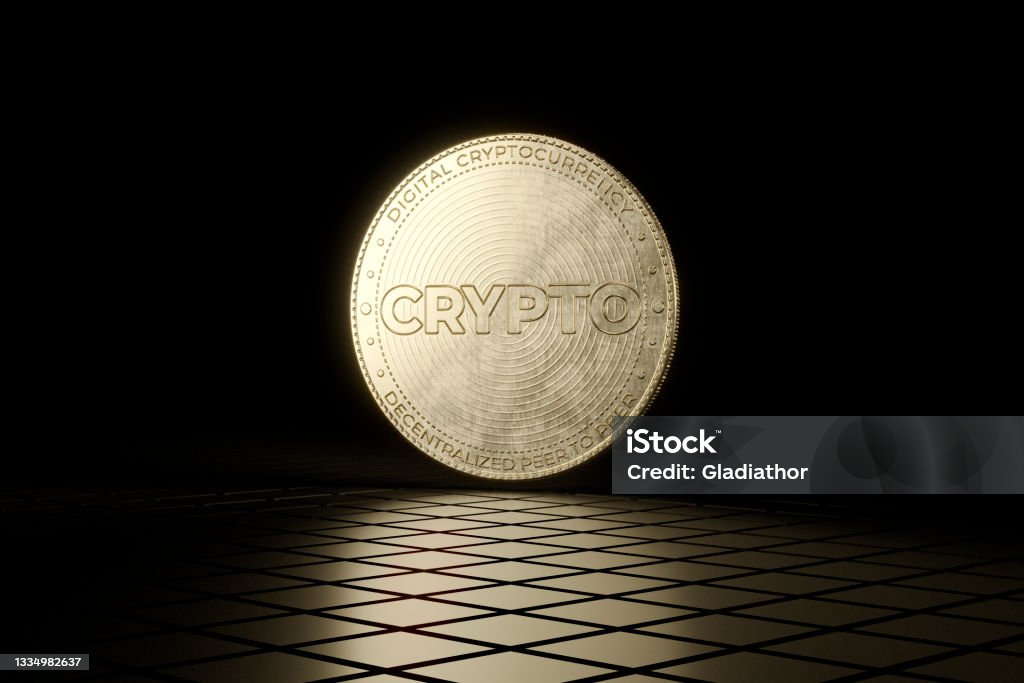 3D rendered image of digital cryptocurrency coin levitating on on black and gold shiny tiled floor with black background 3D rendered image of digital cryptocurrency coin levitating on black and gold shiny tiled floor with black background. 3D rendered image. Cryptocurrency Stock Photo