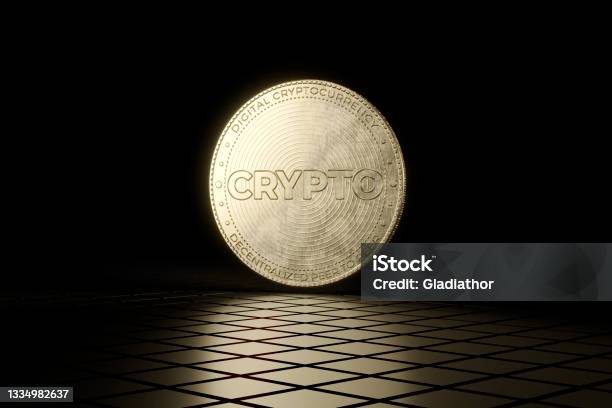 3d Rendered Image Of Digital Cryptocurrency Coin Levitating On On Black And Gold Shiny Tiled Floor With Black Background Stock Photo - Download Image Now