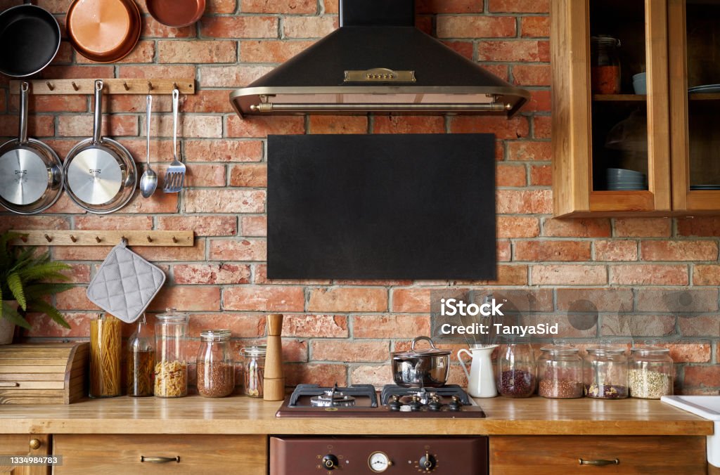 Mock up of chalkboard in kitchen interior. Panoramic background with kitchen utensils. Kitchen Stock Photo