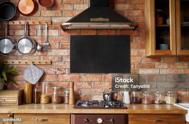 Mock Up Of Chalkboard In Kitchen Interior Panoramic Background With Kitchen Utensils Stock Photo - Download Image Now