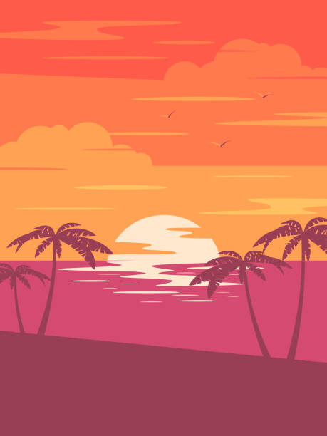 Sunset Sunset tropical beach with palm trees and sea. Nature landscape and seascape. sunset illustrations stock illustrations