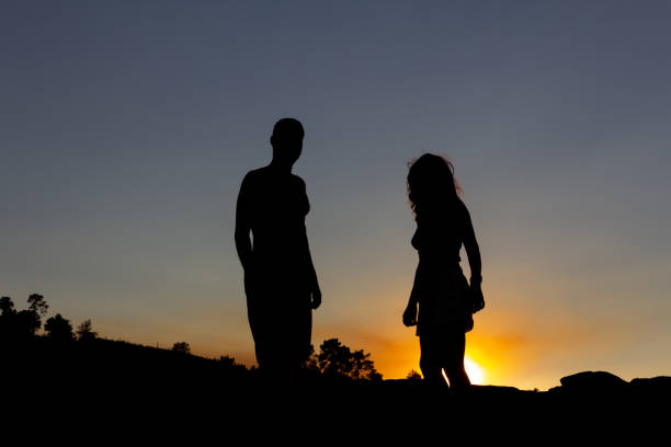 istock Young couple backlit at sunset. Copy space. 1334985556