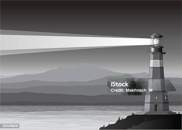 밤 풍경을 상세한 등대 산 바다 0명에 대한 스톡 벡터 아트 및 기타 이미지 - 0명, 건축, 건축물