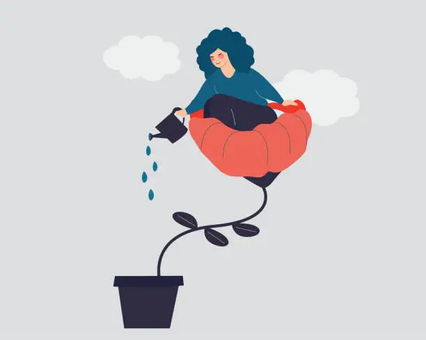Vector illustration of Young woman or girl sits on a flower and watering it with enjoyment. Female loves herself and cares about her life and future. Concept of positive thinking, lifestyle, mental health, self development. Vector illustration.