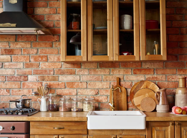 istock Kitchen background interior style scandinavian with glass jars and kitchen stove. 1334986642