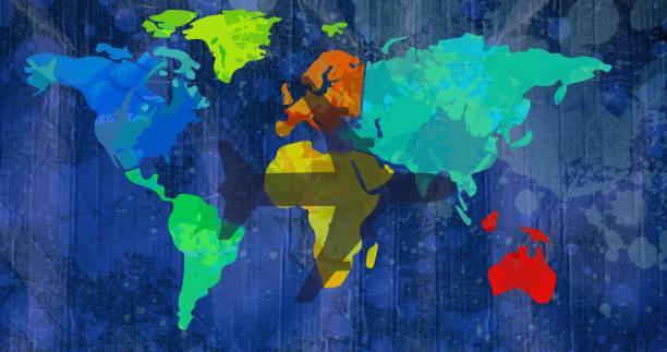 istock Composition of airplane shadow over multi coloured world map on dark blue splodgy background 1334986734