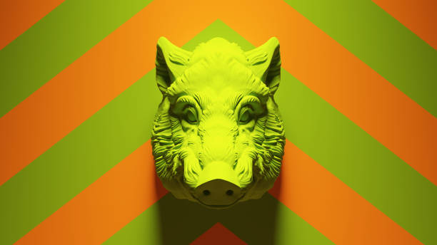 Green Warthog Mounted Bust with Green an Orange Chevron Background