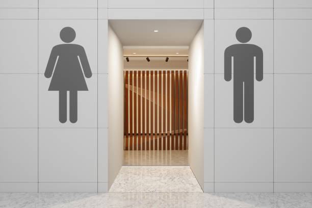 벽에 매달려 남성과 여성의 기호와 공중 화장실 입구 - public restroom 뉴스 사진 이미지