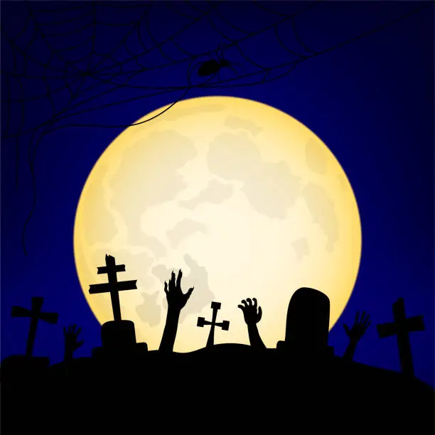 Vector illustration of Cemetery at night on halloween. Zombies rise from their graves.