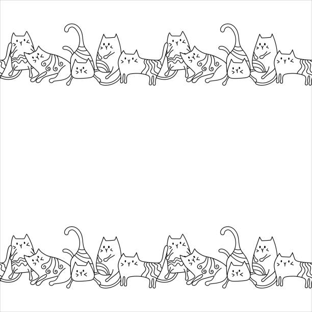 ilustrações, clipart, desenhos animados e ícones de gatos sem fronteiras. padrão preto e branco desenhado à mão - large group of animals audio
