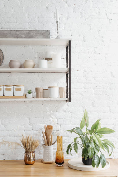 istock Design of modern home kitchen, wooden decor in interior. 1334993424