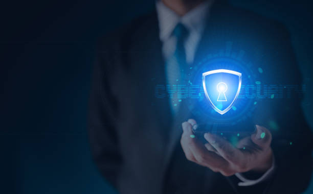 Data or network protection, businessman press shield icon, web button, virus cyber security. Insurance Digital crime by hacker concepts. Information security against viruses, System binary Matrix. protección de datos o de red, icono de escudo de prensa de hombre de negocios, botón web, seguridad cibernética de virus. seguro crimen digital por conceptos de hackers. seguridad de la información contra virus, matriz binaria del sistema.