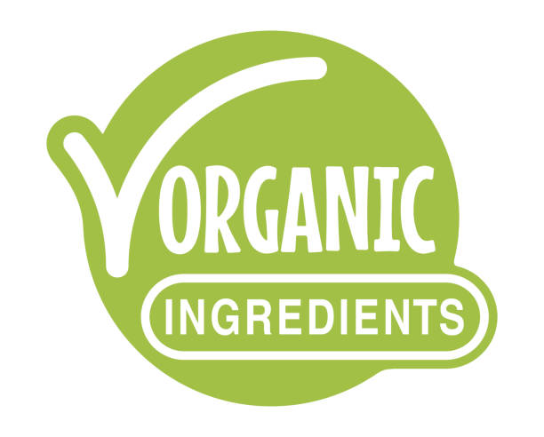 ilustrações de stock, clip art, desenhos animados e ícones de organic ingredients round stamp with check mark - food additive