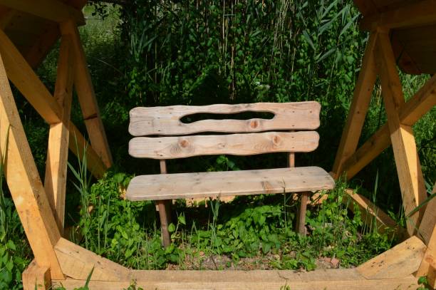 istock a small wooden bench on the grass 1334995770