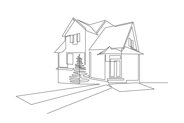 illustrazioni stock, clip art, cartoni animati e icone di tendenza di un disegno continuo di linea di famiglia casa a due piani al villaggio. concetto moderno di architettura home in stile lineare minimalista. illustrazione di doodle vector - townhouse