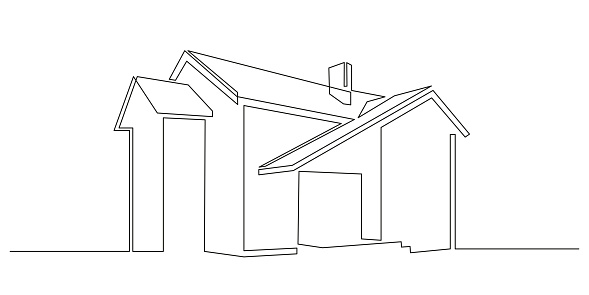 One continuous line drawing of silhouette modern house. Fashionable concept of Home architecture in minimalistic black linear design. Doodle Vector illustration.