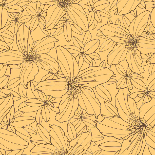 контур цветочного бесшовного узора. векторная иллюстрация. серый цветочный контур на желтом фоне. нарисованные вручную головки цветов род� - azalea stock illustrations