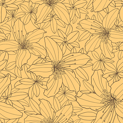 Outline floral seamless pattern. Vector illustration. Grey flower contour on yellow background. Hand drawn Rhododendron and Lily flower heads for textile, wrapping, card, print, fashion design