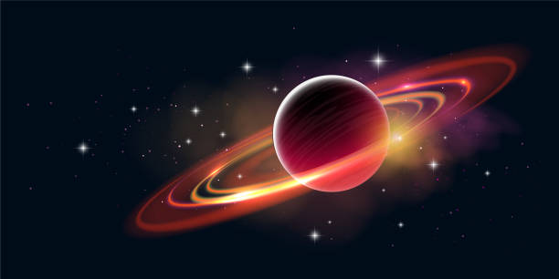 istock Vector beautiful space horizontal illustration of red and yellow planet with ring, nebula and star light on dark color sky 1334999090