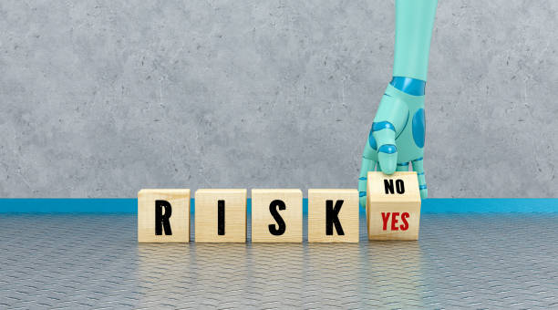 robot hand turning the cube with the answers YES and NO to the message RISK - 3d illustration stock photo