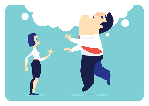 vector illustration of businessman exhaling while woman blaming