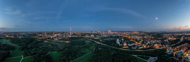 istock Drone panorama over Frankfurt skyline in evening light taken from Niddapark 1334999946