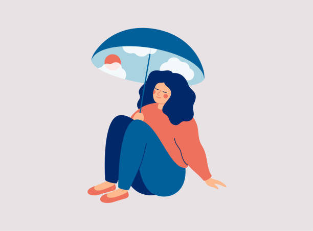 glückliche frau sitzt unter einem regenschirm mit gutem wetter und fühlt sich wohl. mädchen sences gute stimmung. - aura alternative medizin illustration stock-grafiken, -clipart, -cartoons und -symbole