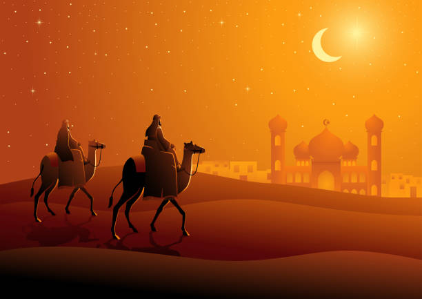 Two Arab men riding camels in the desert Vector illustration of two Arab men riding camels in the desert, night landscape for Ramadan and Islamic theme arabian desert stock illustrations