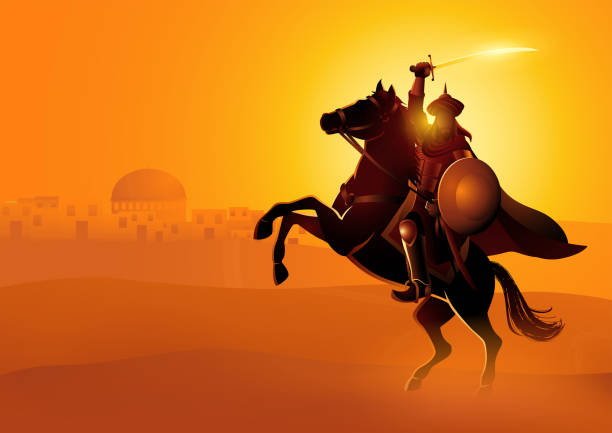 Saladin ibn Ayyub Vector illustration of Saladin ibn Ayyub a Muslim military and political leader who as sultan led Islamic forces during the Crusades arab man riding horse stock illustrations